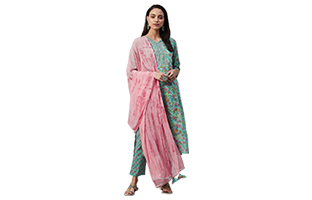 WoW! Yuris Women Green & Peach-Coloured Printed Kurta (by Myntra)